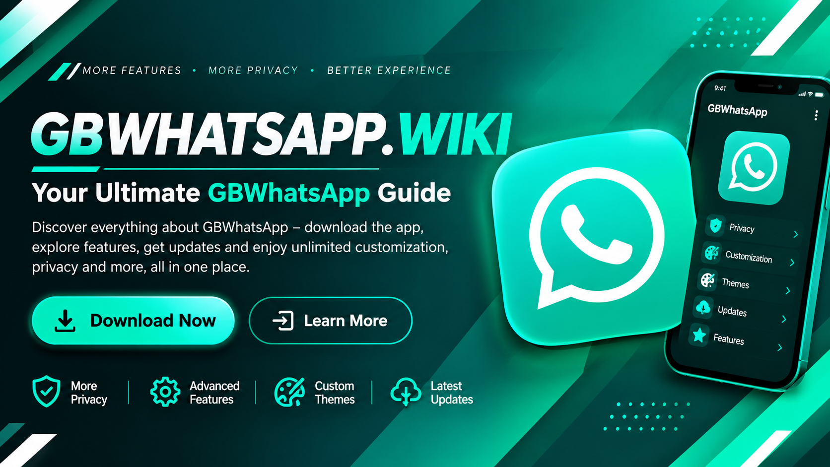 GBWhatsApp Wiki banner: download GBWhatsApp APK with privacy, advanced features, custom themes and latest updates